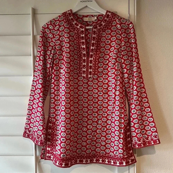 TORY BURCH EUC Jayne Mod Flower Print Sequin Tunic Top - Picture 5 of 11